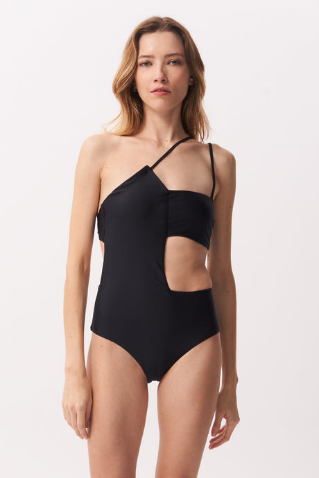 La Libellule. Maillot de bain une pièce. Maillot de bain femme Valentine de couleur noir. Maillot de bain taille haute. Décolleté en bandeau. Double usage, maillot de bain et body.   Maillot de bain femme 1 pièce éco responsable.  Maillot de bain bijou, notre médaillon, signature de notre marque.